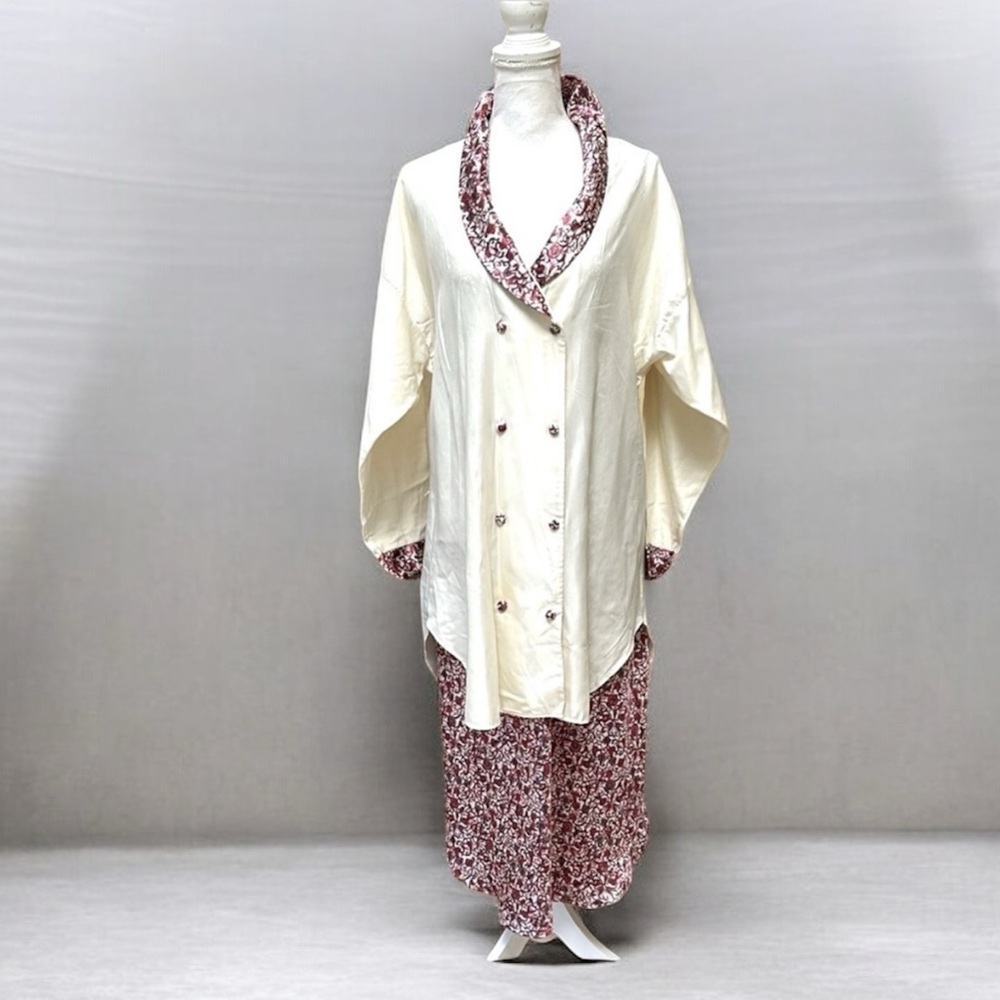 Vtg Lily of France Silky Red White Floral Sleeveless Midi Slip Dress & Robe Lrg